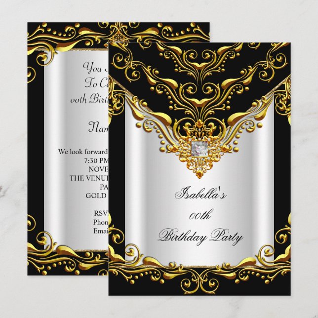 Elegant White Silver Black Gold Birthday Party Invitation (Front/Back)