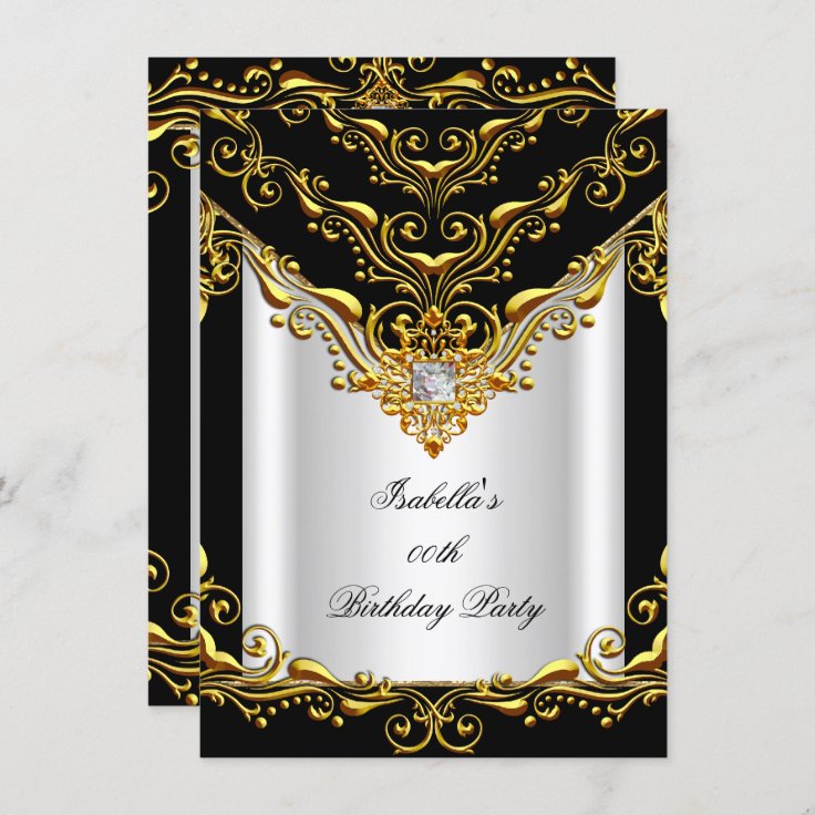 Elegant White Silver Black Gold Birthday Party Invitation | Zazzle