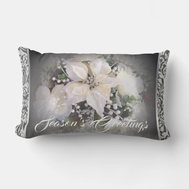 Elegant White & Silver Christmas Poinsettia Lumbar Pillow (Front)