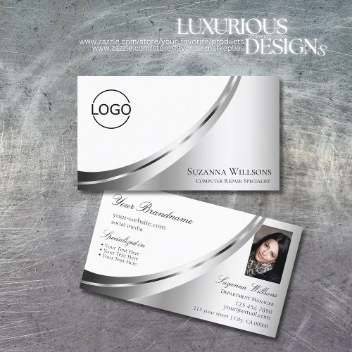 Elegant White Silver Decor with Logo and Photo Business Card