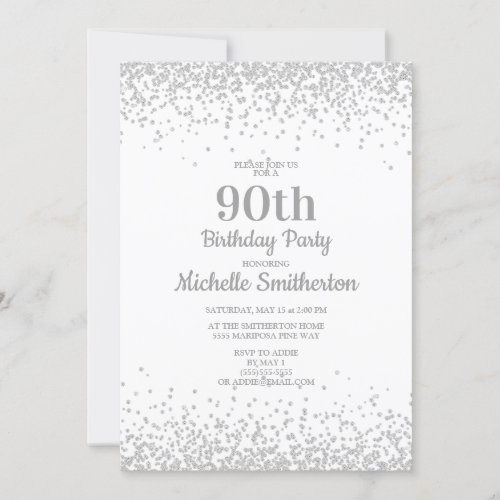 Elegant White Silver Glitter 90th Birthday Invitation