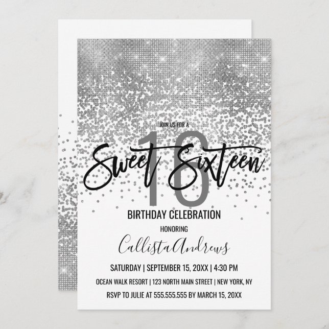 Elegant White Silver Glitter Confetti Sweet 16 Invitation (Front/Back)