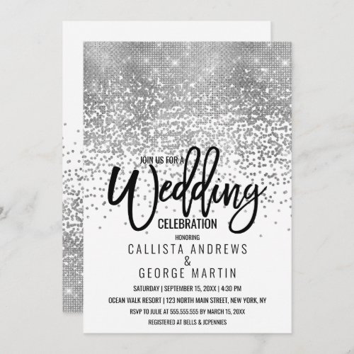 Elegant White Silver Glitter Confetti Wedding Invitation