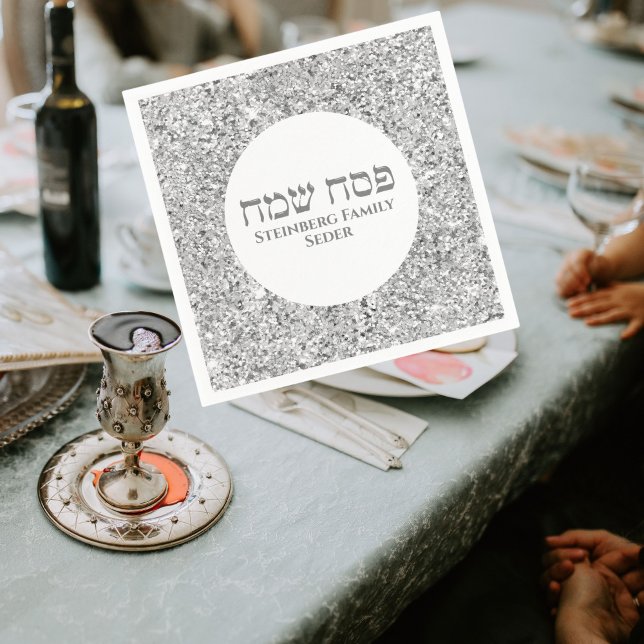 Elegant White Silver Glitter Hebrew Happy Passover Napkins (Creator Uploaded)