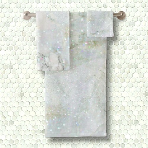 Elegant White Silver Glitter Iridescent Marble Bath Towel Set