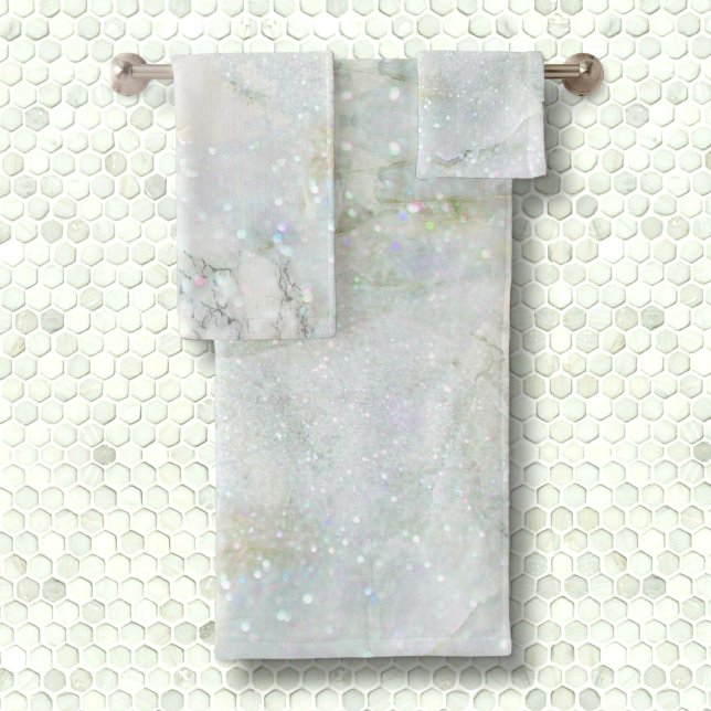 Elegant White Silver Glitter Iridescent Marble Bath Towel Set (Creator Uploaded)