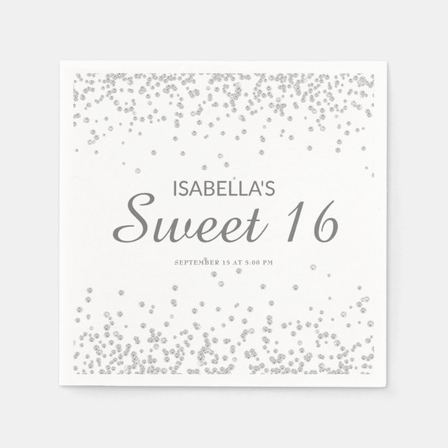 Elegant White Silver Glitter Sweet 16 Name Napkins (Front)