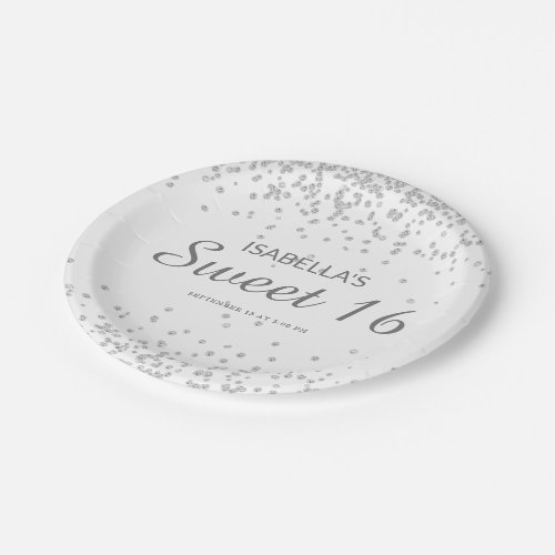 Elegant White Silver Glitter Sweet 16 Name Paper Plates