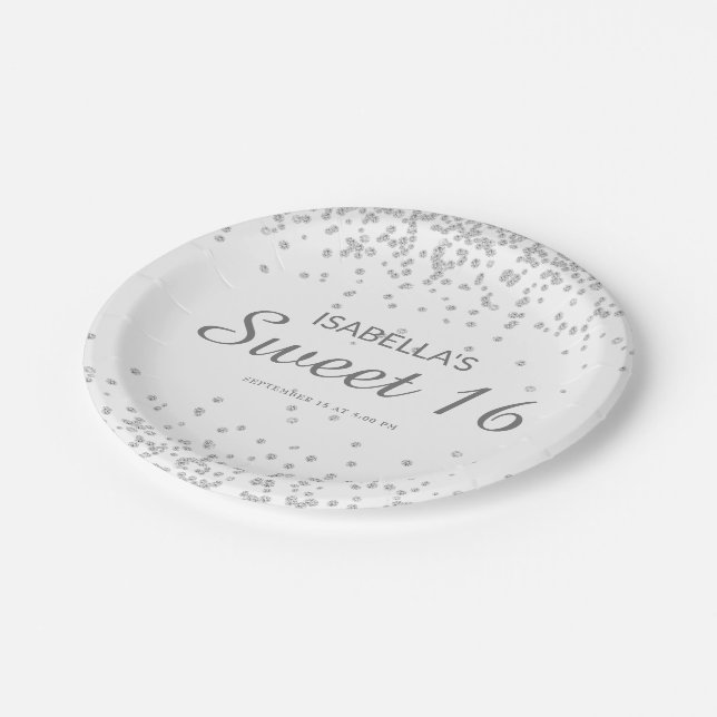 Elegant White Silver Glitter Sweet 16 Name Paper Plates (Angled)