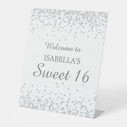 Elegant White Silver Glitter Sweet 16 Welcome Name Pedestal Sign
