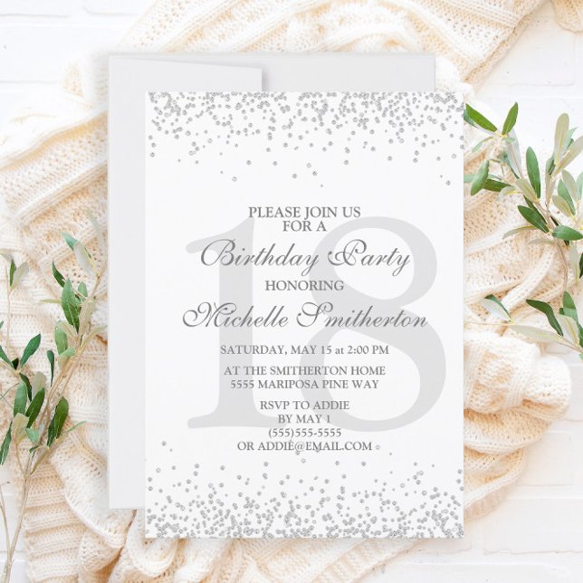 Elegant White Silver Gray Glitter 18th Birthday Invitation (Creator Uploaded)