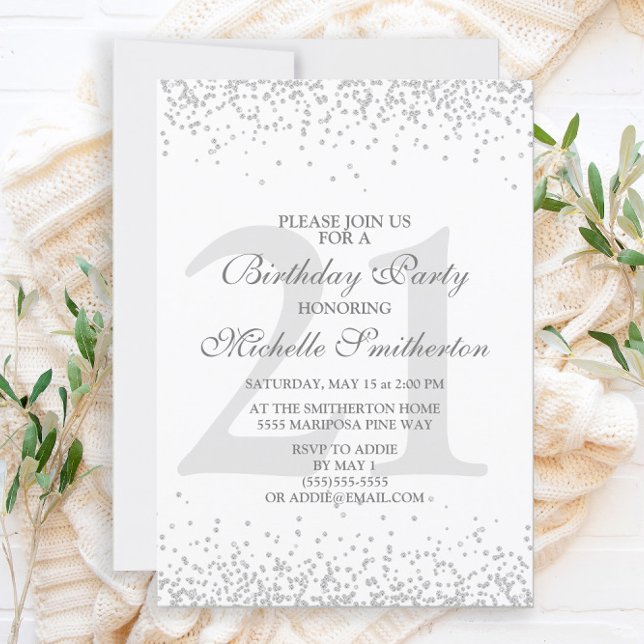 Elegant White Silver Gray Glitter 21st Birthday  Invitation (Creator Uploaded)