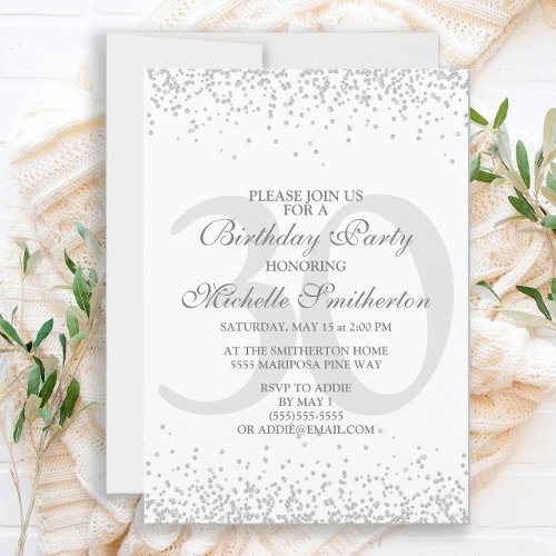 Elegant White Silver Gray Glitter 30th Birthday Invitation