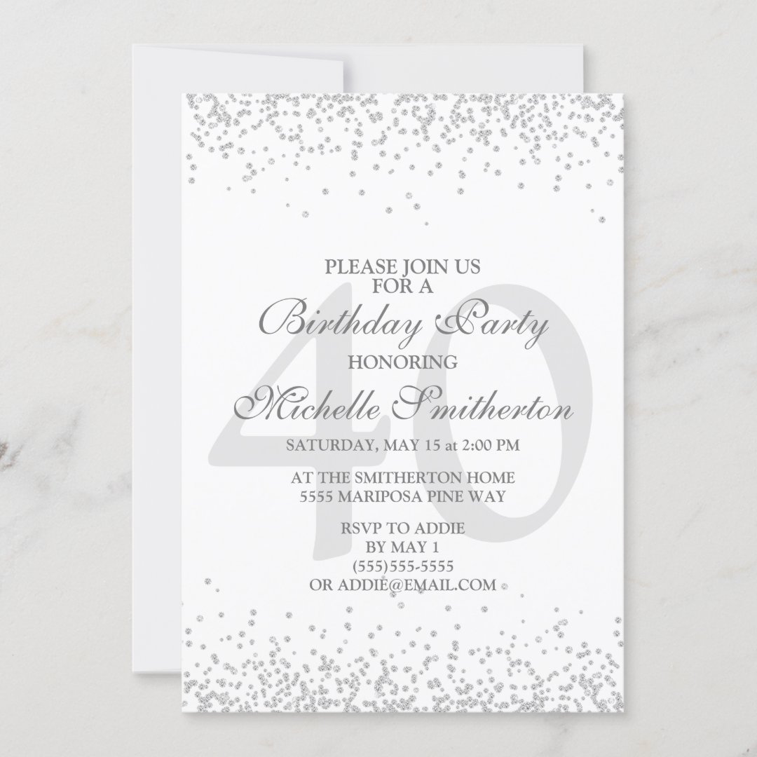 Elegant White Silver Gray Glitter 40th Birthday Invitation | Zazzle