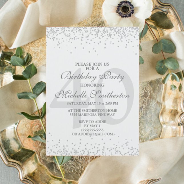 Elegant White Silver Gray Glitter 40th Birthday Invitation (Creator Uploaded)