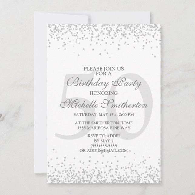 Elegant White Silver Gray Glitter 50th Birthday Invitation (Front)