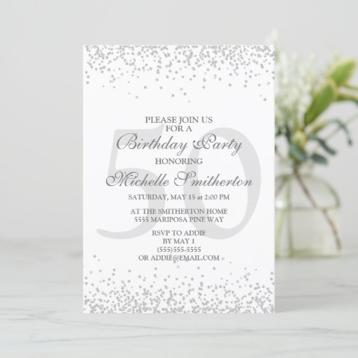 Elegant White Silver Gray Glitter 50th Birthday Invitation | Zazzle