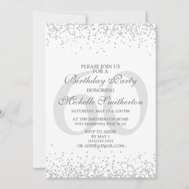 Elegant White Silver Gray Glitter 60th Birthday Invitation (Front)