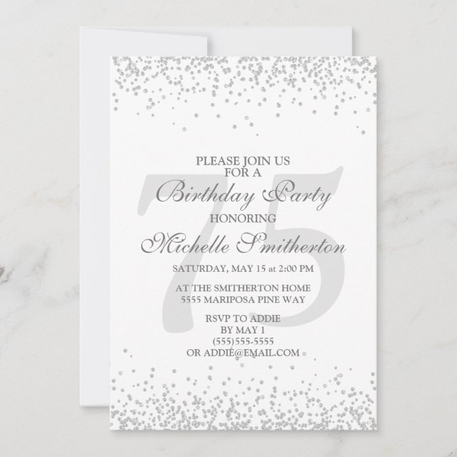 Elegant White Silver Gray Glitter 75th Birthday Invitation (Front)