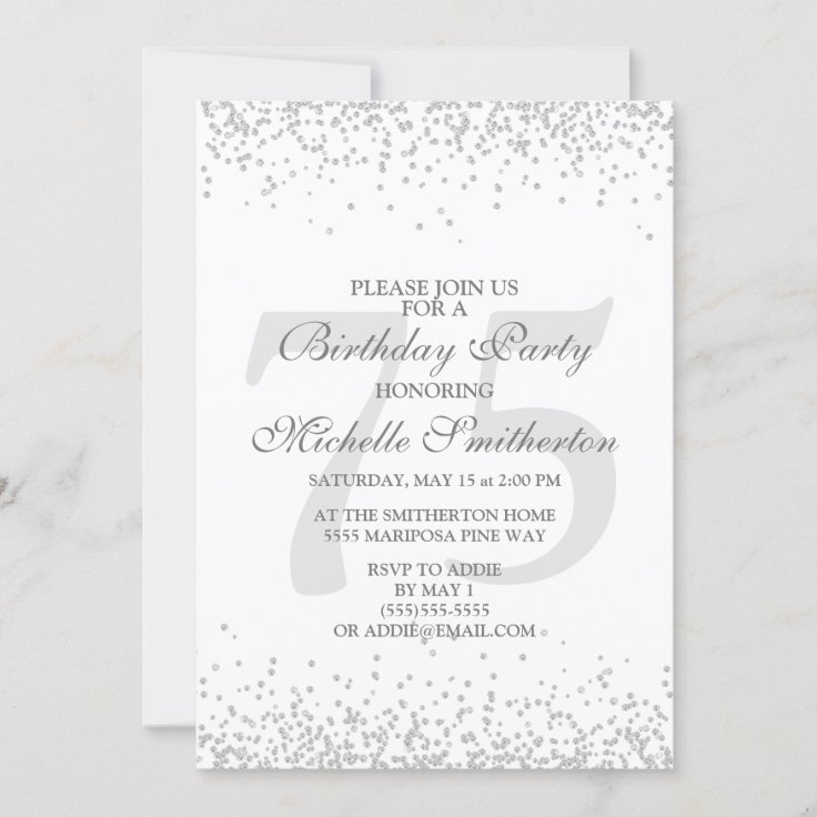 Elegant White Silver Gray Glitter 75th Birthday Invitation | Zazzle