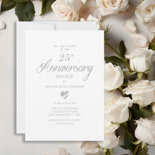 Elegant White Silver Heart 25th Anniversary Invitation