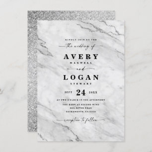 Elegant White & Silver Marble & Glitter Wedding Invitation