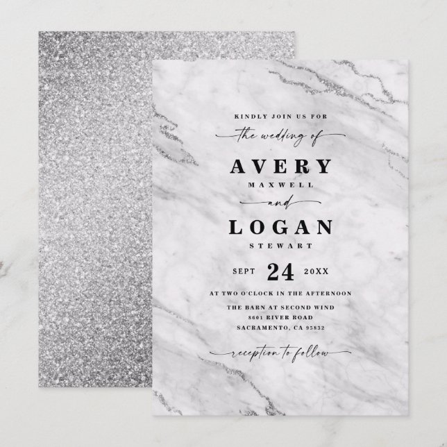 Elegant White & Silver Marble & Glitter Wedding Invitation (Front/Back)