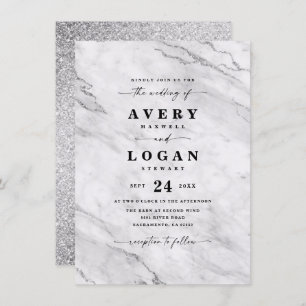 Elegant White & Silver Marble & Glitter Wedding Invitation