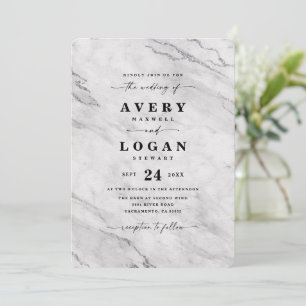 Elegant White & Silver Metallic Marble Wedding Invitation