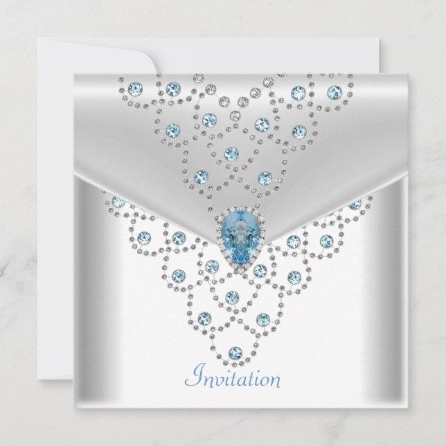 Elegant White Silver Overlay Blue Jewel Invitation (Front)