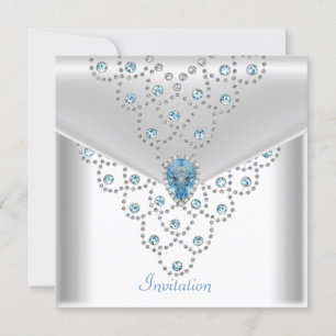 Elegant White Silver Overlay Blue Jewel Invitation