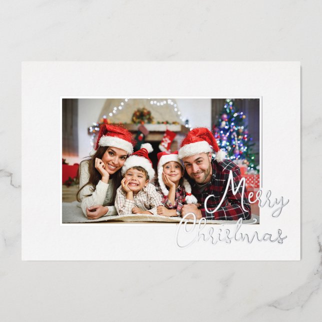  Elegant White Silver Personalized Photo Christmas Foil Holiday Card (Front)