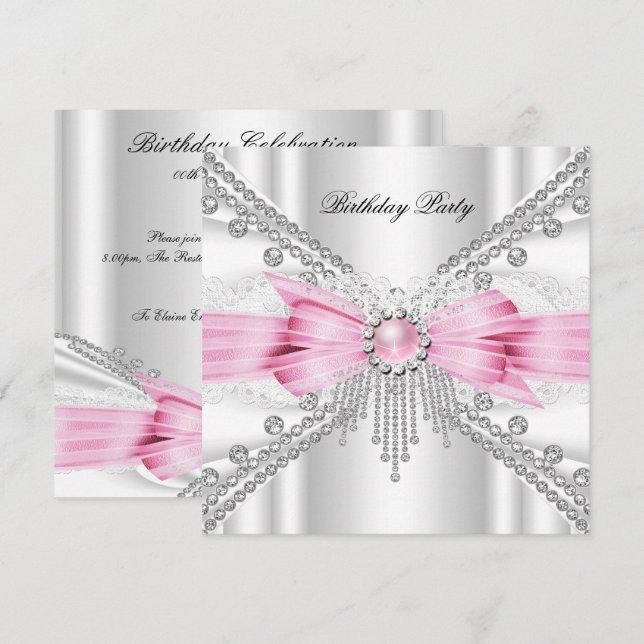 Elegant White Silver Pink Diamond Birthday Party Invitation (Front/Back)