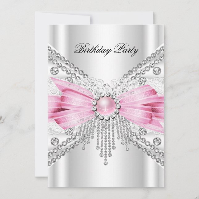Elegant White Silver Pink Diamond Birthday Party Invitation (Front)