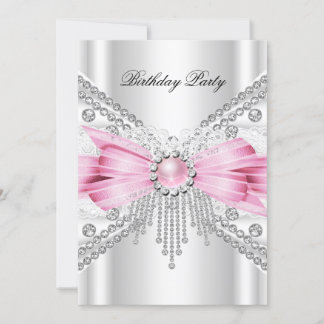Elegant White Silver Pink Diamond Birthday Party Invitation