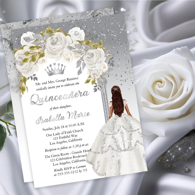 Elegant White Silver Rose Floral Quinceañera Party Foil Invitation (Elegant White Rose | Silver Floral Princess-Theme Brunette Dk Haired Quinceañera Foil Invitation)