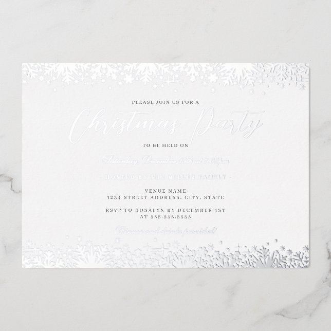 Elegant White Silver Snowflake Christmas Party Foil Invitation (Front)