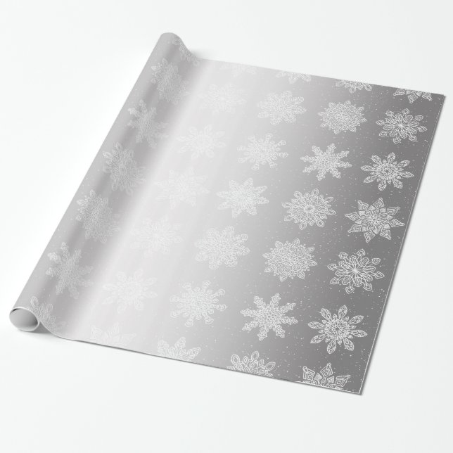 Elegant White & Silver Snowflake Christmas Pattern Wrapping Paper (Unrolled)
