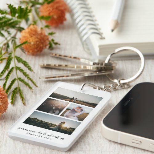Elegant White Simple Modern Wedding Photo Collage Keychain
