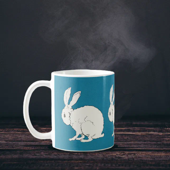 elegant white sitting bunny rabbits on blue coffee mug | Zazzle