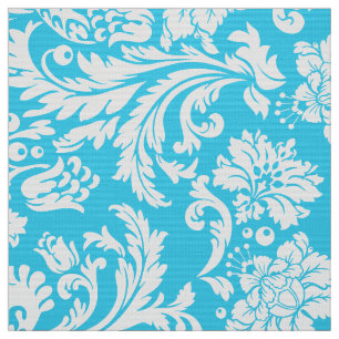 Elegant White & Sky Blue Floral Damasks Fabric