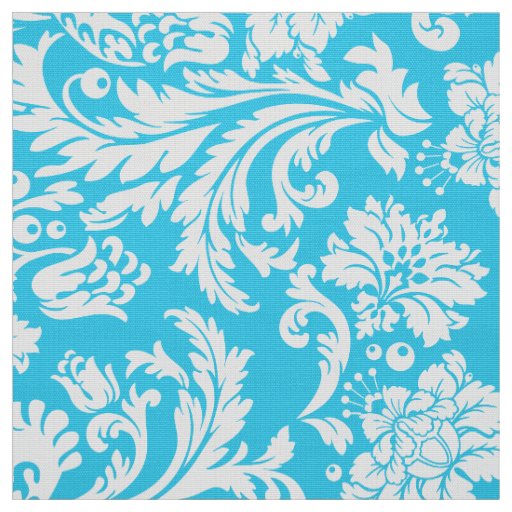 Elegant White & Sky Blue Floral Damasks Fabric