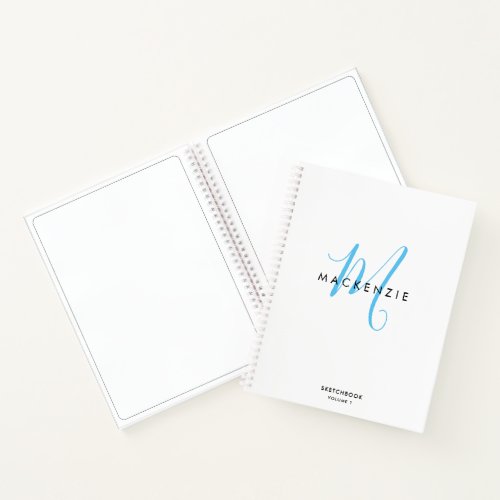 Elegant White Sky Blue Script Monogram Sketchbook Notebook