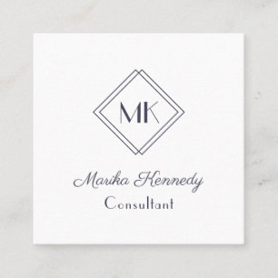 Elegant White Slate Grey Script Diamond Monogram Square Business Card