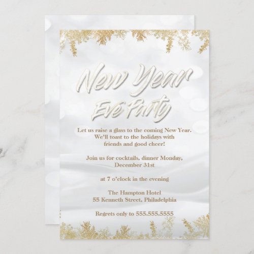 Elegant White Snow  Gold New Years Eve Party Invitation