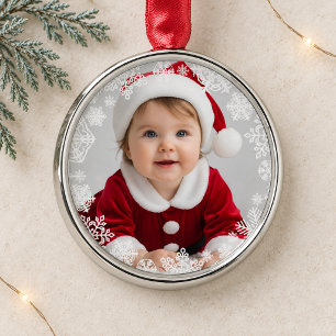 Elegant White Snowflake Baby Photo Keepsake Metal Ornament