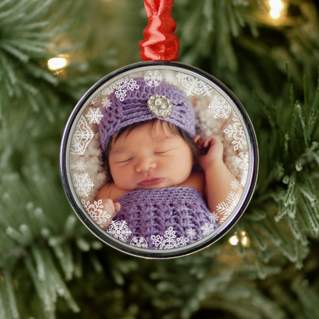 Elegant White Snowflake Frame Photo Metal Ornament (Tree)