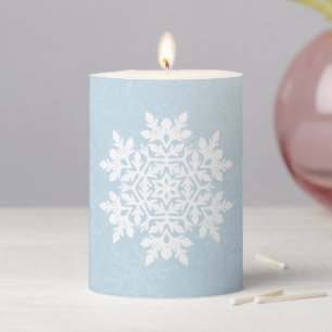 Elegant White Snowflake- Frost Blue Pillar Candle