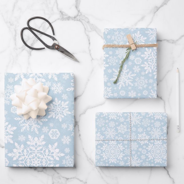 Elegant White Snowflake (Frost Blue) Wrapping Paper Sheets (Front)