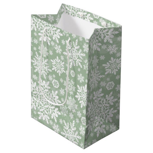 Elegant White Snowflake (Sage Pine) Medium Gift Bag (Front Angled)
